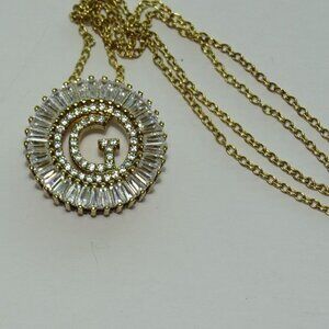 Gold Necklace With Circular Pendant Diamond Simulated Stones & "G" Initial Cente